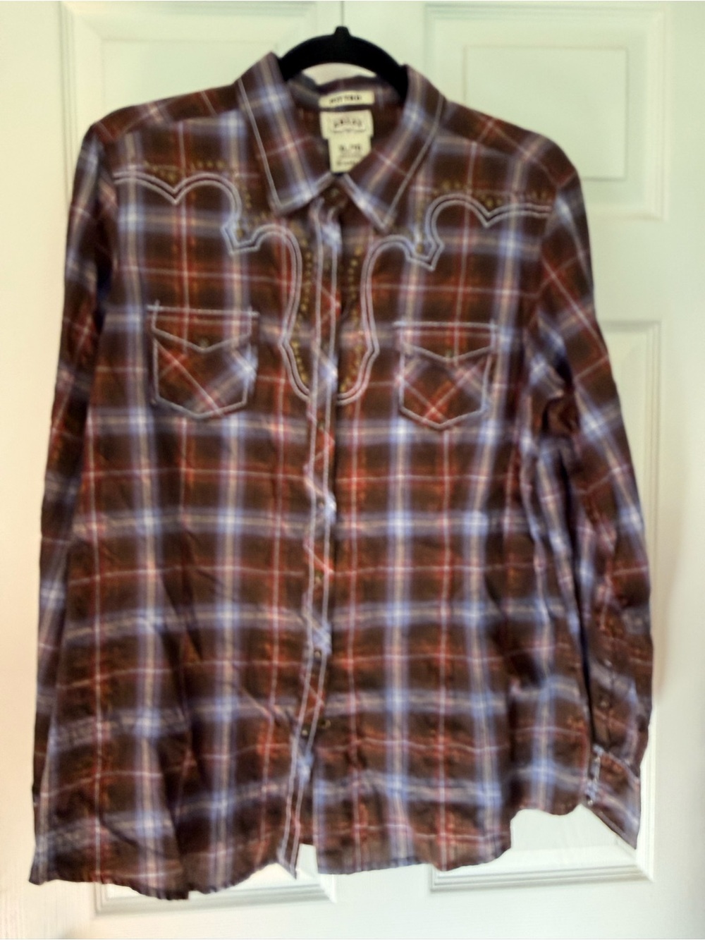 Ariat Brown and Red Plaid Western Button-Down Shirt with Stud Details - Picture 2 of 4